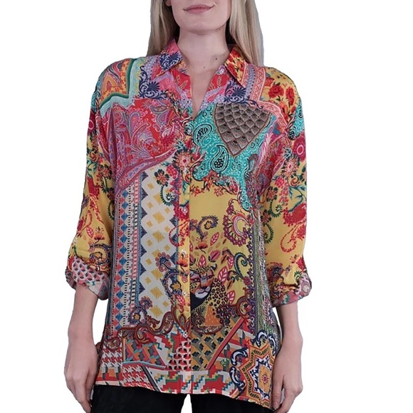 SHANA Collared Button Down V Neckline Exotic Floral Leopard Print Viscose Silk S - Picture 1 of 7